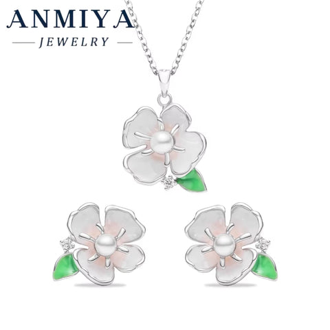 Elegant Silver 925 Jewelry Set Necklace and Stud Earring Featuring Enamel Flower Centered Pearl Inlay for Women Daily Wear