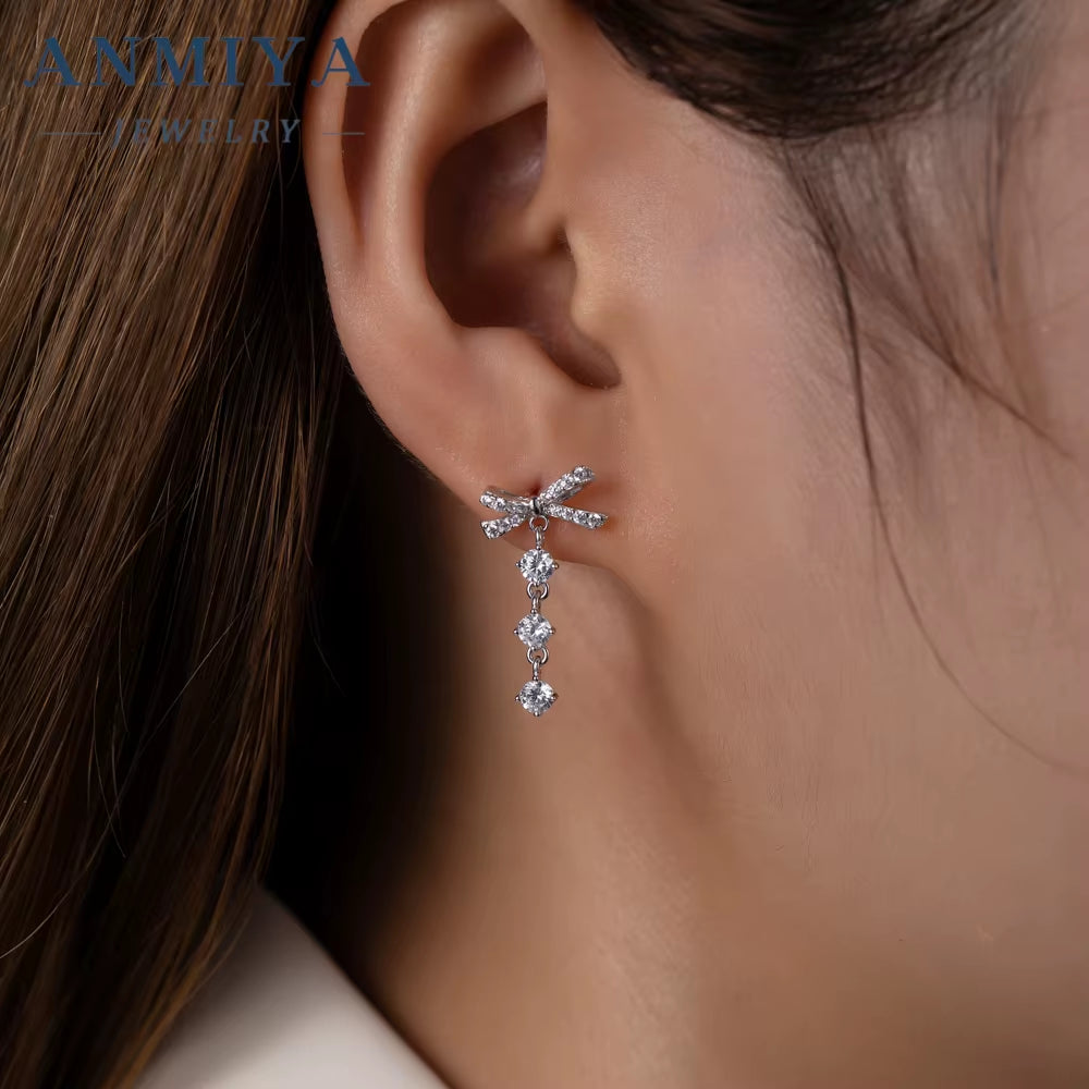 Fine Jewelry 925 Sterling Silver Bowknot Zircon Tassel Stud Earrings Women 925 Silver Earring for Women