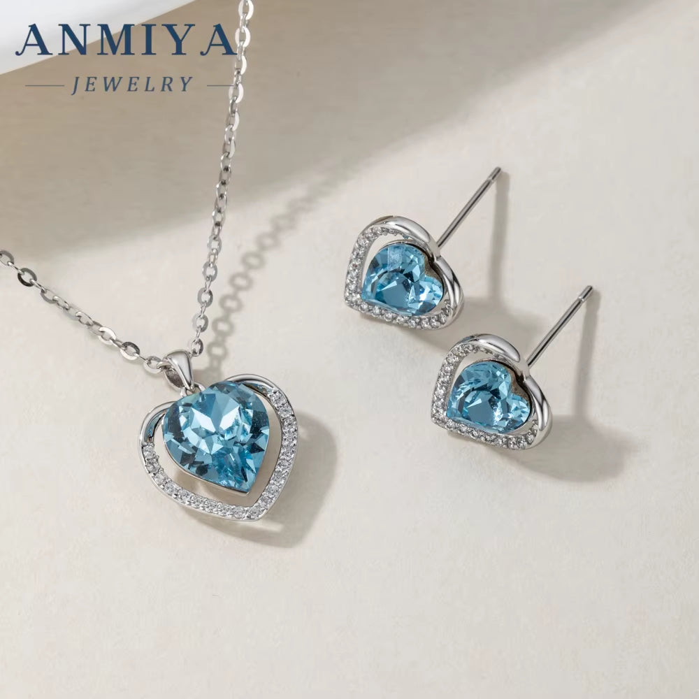 ANMIYA Delicate 2-Piece Sapphire Heart Jewelry Set Sparkling Cubic Zirconia Blue Ocean CZ Necklace Earrings for Weddings Gifts