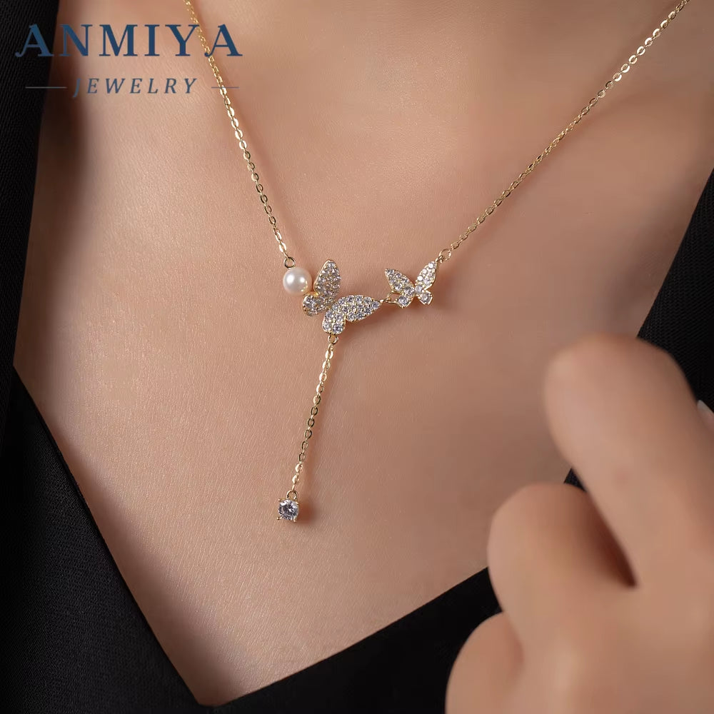 ANMIYA 925 Sterling Silver French Retro Temperament Butterfly Necklace Luxury Elegant Niche Design Versatile Collarbone Chain