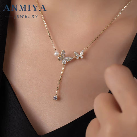 ANMIYA 925 Sterling Silver French Retro Temperament Butterfly Necklace Luxury Elegant Niche Design Versatile Collarbone Chain