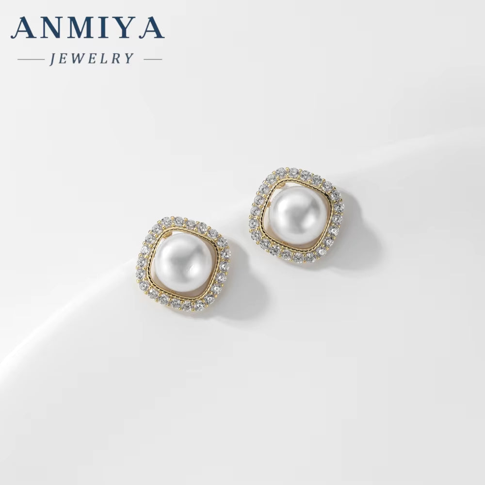 ANMIYA Square Zircon Stone round Pearl 925 Silver Custom Earrings Fresh Water Pearl Earrings Elegant Stud Earrings