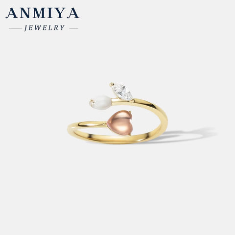ANMIYA Luxury 925 Sterling Silver Chunky Rings 18K Gold Heart Shaped Triangle Ring Set for Lover Women Anniversary Gift