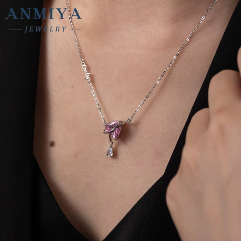 925 Sterling Silver Niche Shine Big Zircon Pink Heart Necklace Fashionable Trendy Jewelry Weddings Parties Valentine'S Day