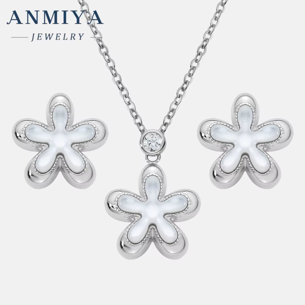 INS Hot Sale Crafted 925 Sterling Silver Necklaces Four Leaf Flower Luxury Ladies Flower Earrings Necklace Set Jewelry