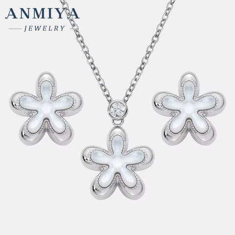 INS Hot Sale Crafted 925 Sterling Silver Necklaces Four Leaf Flower Luxury Ladies Flower Earrings Necklace Set Jewelry