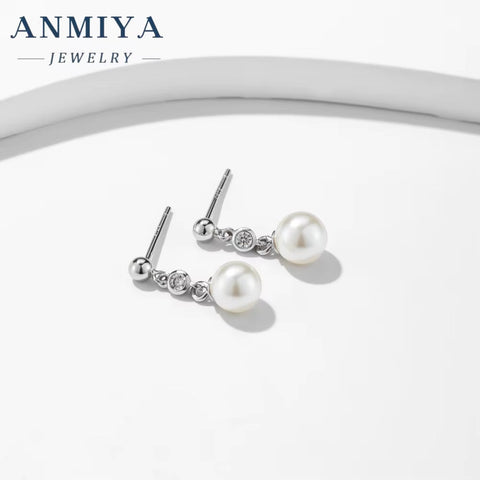 ANMIYA Fashion Jewelry Earrings S925 Sterling Silver Freshwater Pearl Earrings Rhinestone Pearl Stud Earrings