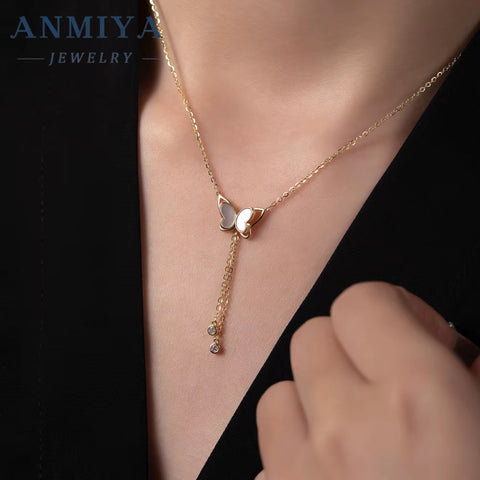 ANMIYA OEM 18K Gold Plated 925 Sterling Silver Female Necklace with Long Tassels and White Shell Adjustable Link Chain for Women