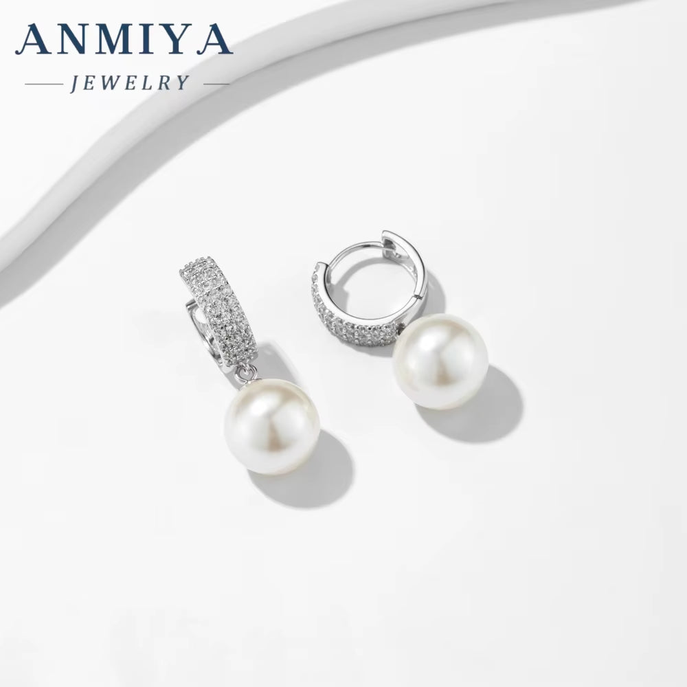 ANMIYA Designer Trendy S925 Silver Freshwater Pearl Drop Bridal Pendant Hoop Earrings