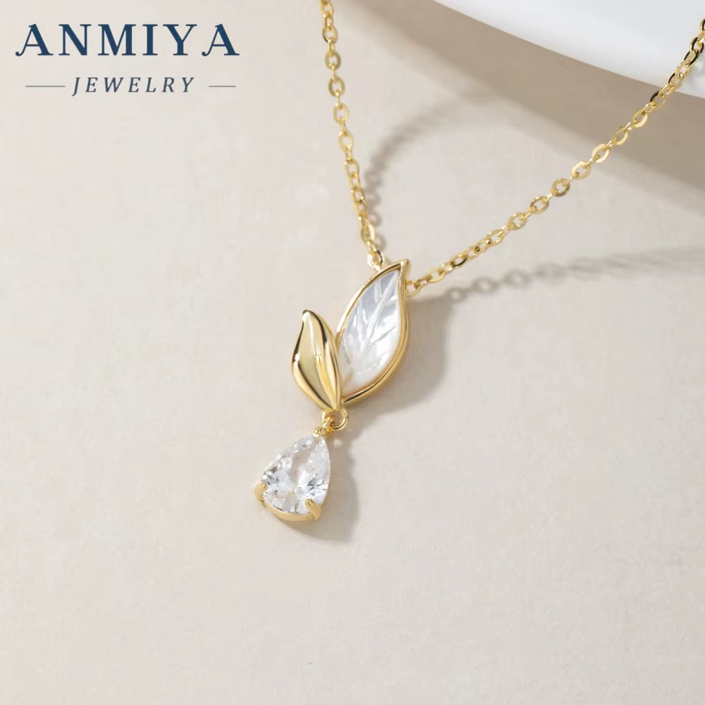 ANMIYA Long Leaf 18K Gold White Shell Drop Water Zircon 925 Silver Charm Pendant Necklace Earrings Set for Women