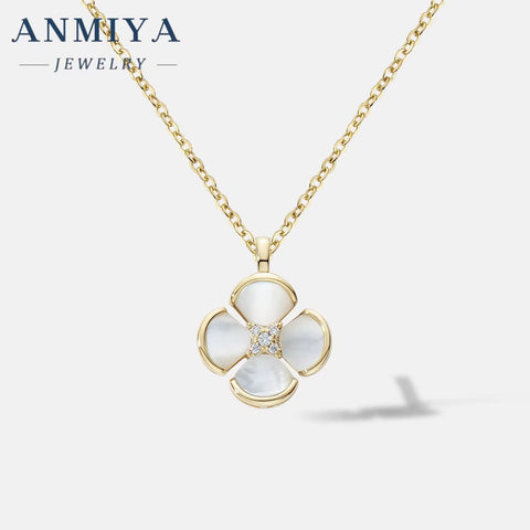 ANMIYA Fashion Charm High Quality 925 Silver Design Four Leaf Clover White Shell Necklace with Certificate