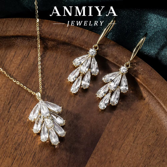 Luxury Water Drop Shape Silver 925 Set with Precision-Cut Zircon Stones Necklace and Drop Earring Sets for Anniversary