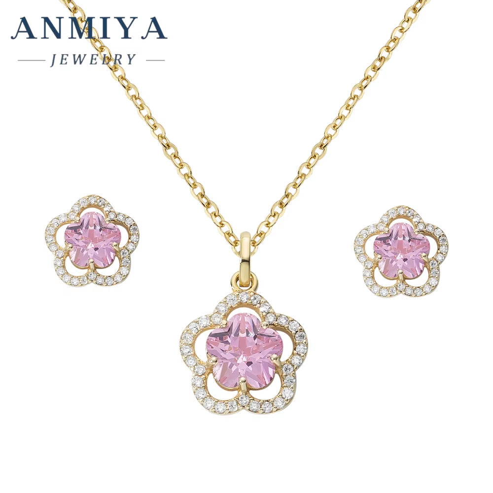 ANMIYA Inoxidable Luxury Pink Zirconia Four Leaf Clover Necklace Set Earrings for Women Wholesale Jewelry Fashion