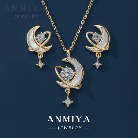 Fashion Jewelry Sets 18K Gold Plated 925 Silver Zircon Women Moon and Star Earrings Necklace Jewelry Set