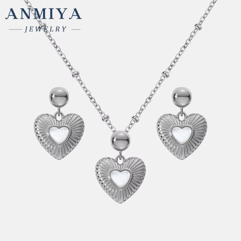 Beautiful Zircon Heart Pendant Necklaces White Shell Diamond Ear Stud 925 Silver Bridal Jewelry Sets for Girls