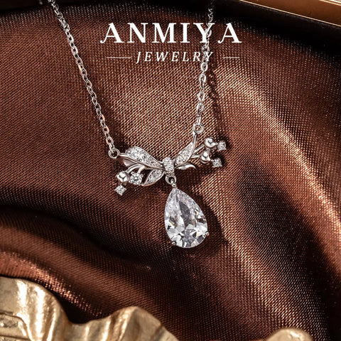 ANMIYA Custom High-End Luxury Women'S S925 Silver Water Drop Zircon Necklace with Bow Pendant