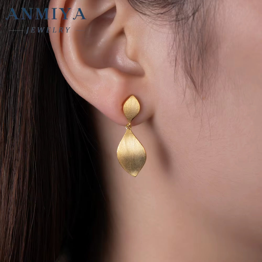 ANMIYA Fashion 925 Sterling Silver Leaves Stud Earrings 14K Bright anti Allergy Waterproof Texture High Quality Jewelry