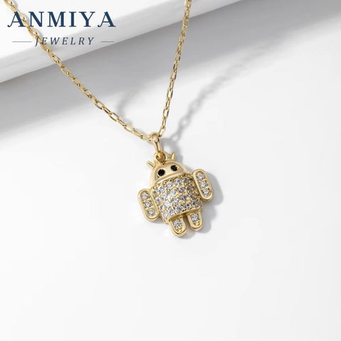 ANMIYA Unisex Accessory Jewelry Sterling 925 Silver Necklace Robot Charm Necklace with Zircon