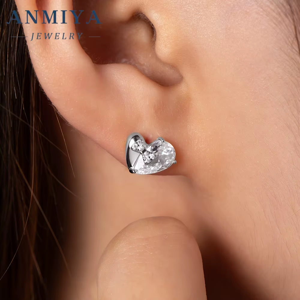Women Simple Fine Jewelry Diamond Cubic Zircon Stone Elegant 925 Sterling Silver Heart Shaped Stud Earrings for Girls