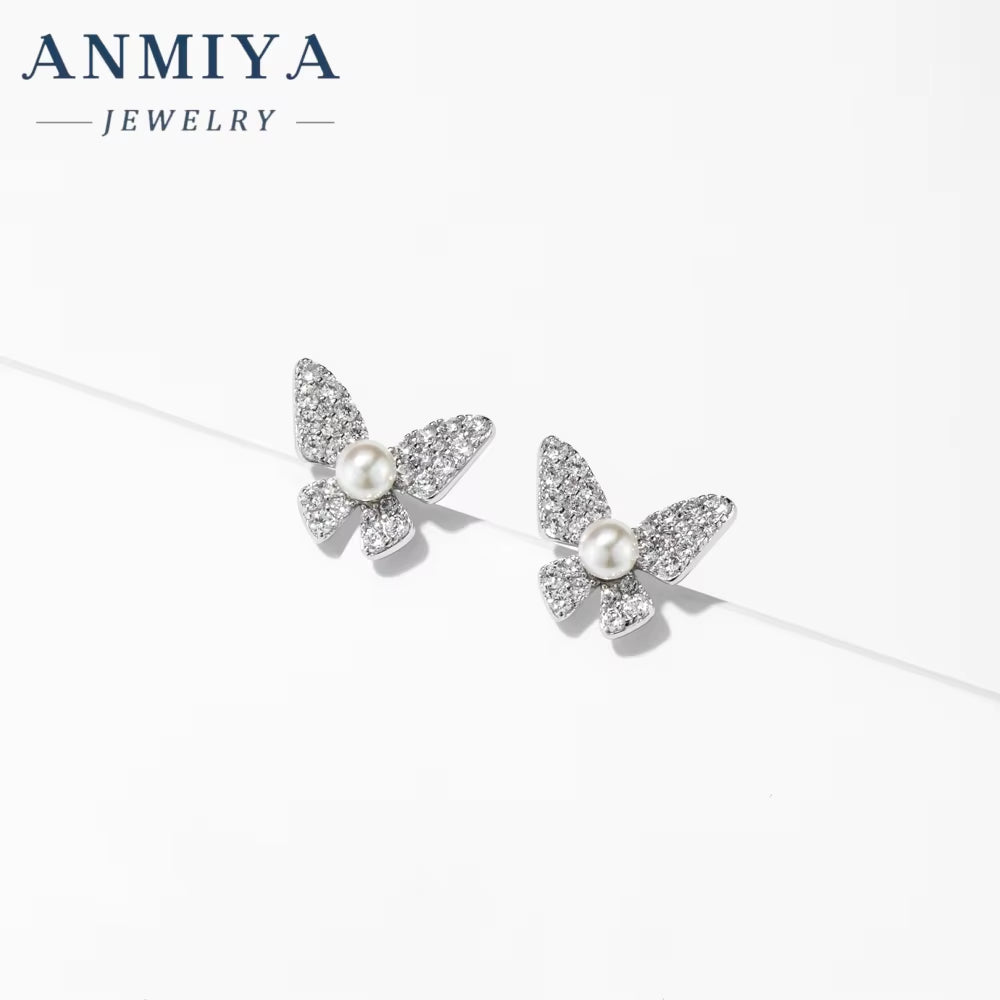ANMIYA Fashion 925 Silver Jewelry Vintage Cz Pearl Butterfly Earrings Rhinestone Pearl Stud Earrings