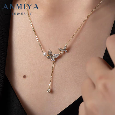 New Arrival Jewelry Natural Fresh Water Pearl Chocker Necklace Charm 18K Gold Chain Pearl Pendant Double Butterfly Necklace