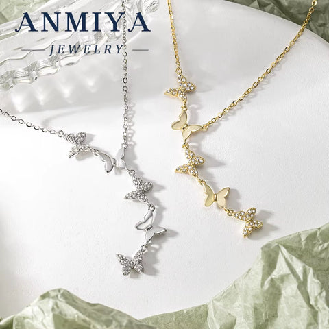 ANMIYA 925 Sterling Silver Butterfly Five Hanging Pendant Necklace with Zirconia Inlay Necklace