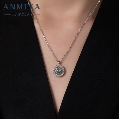 ANMIYA Hollow Flower Pattern Green Chalcedony round Shape 925 Silver 18K Gold Plated Necklace for Women