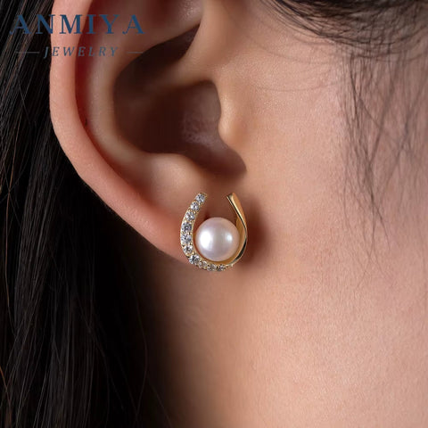 ANMIYA Minimalist Elegant U Shape Zircon Fresh Water Pearl Stud Earrings 925 Silver Baroque Pearl Earrings for Womens