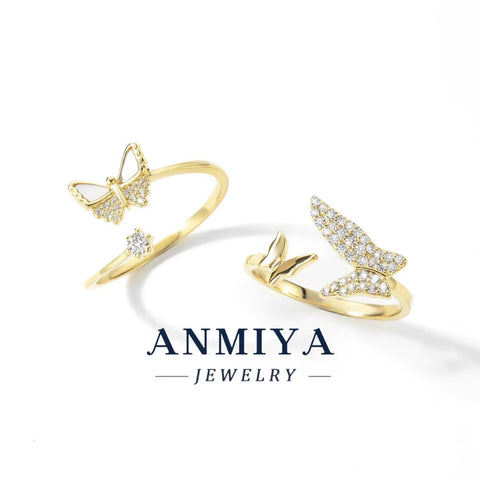 Trendy S925 Silver Rhodium 18K Gold Plated Moissanite Diamond Multiple Layer 5A Cubic Zircon Butterfly Adjustable Jewelry Ring