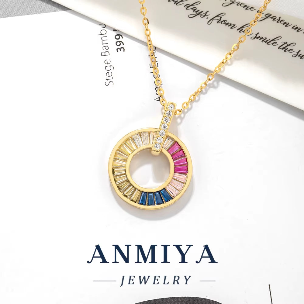 New Design Coloured Zirconia round Pendant Necklace 14K Gold Plated Charm 925 Silver Necklace Jewellery for Women