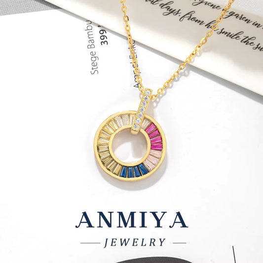 New Design Coloured Zirconia round Pendant Necklace 14K Gold Plated Charm 925 Silver Necklace Jewellery for Women