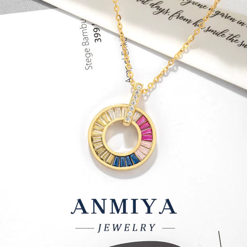 New Design Coloured Zirconia round Pendant Necklace 14K Gold Plated Charm 925 Silver Necklace Jewellery for Women