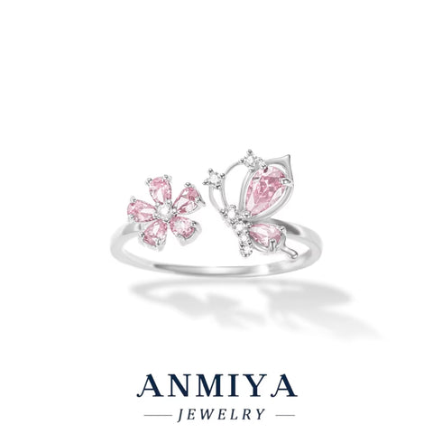 Luxury Wholesale 925 Sterling Silver Butterfly Floral Ring with Pink Purple Zircon for Party Events, Anniversary Gifts
