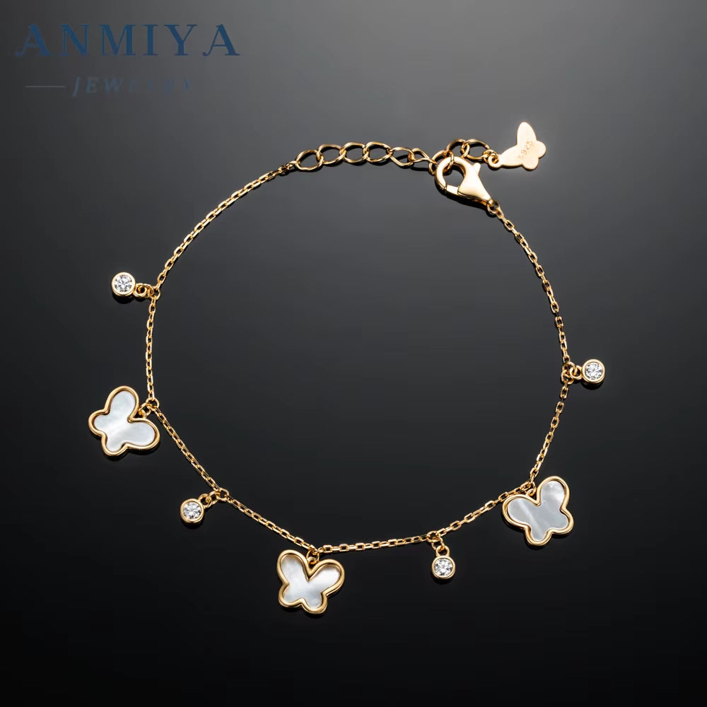 ANMIYA Fashionable White Shell Butterfly Shape Zircon Gold Plated Sterling 925 Silver Designer Bracelets