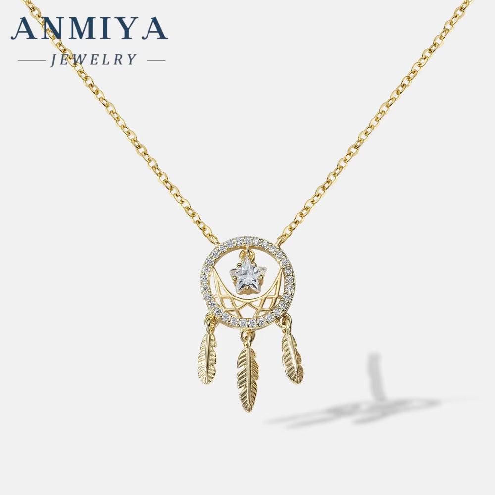 18K Gold Plated 925 Sterling Silver Dream Catcher Pendant Collarbone Necklace with Zircon Thanksgiving Gift for Female