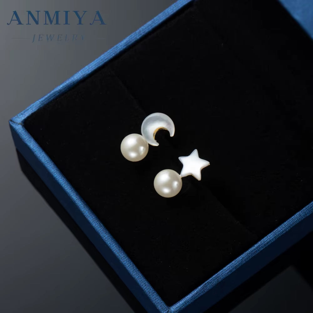 New Silver Star Moon Earrings Natural High Quality Freshwater Pearl Stud Earrings Goddess Pearl Jewelry