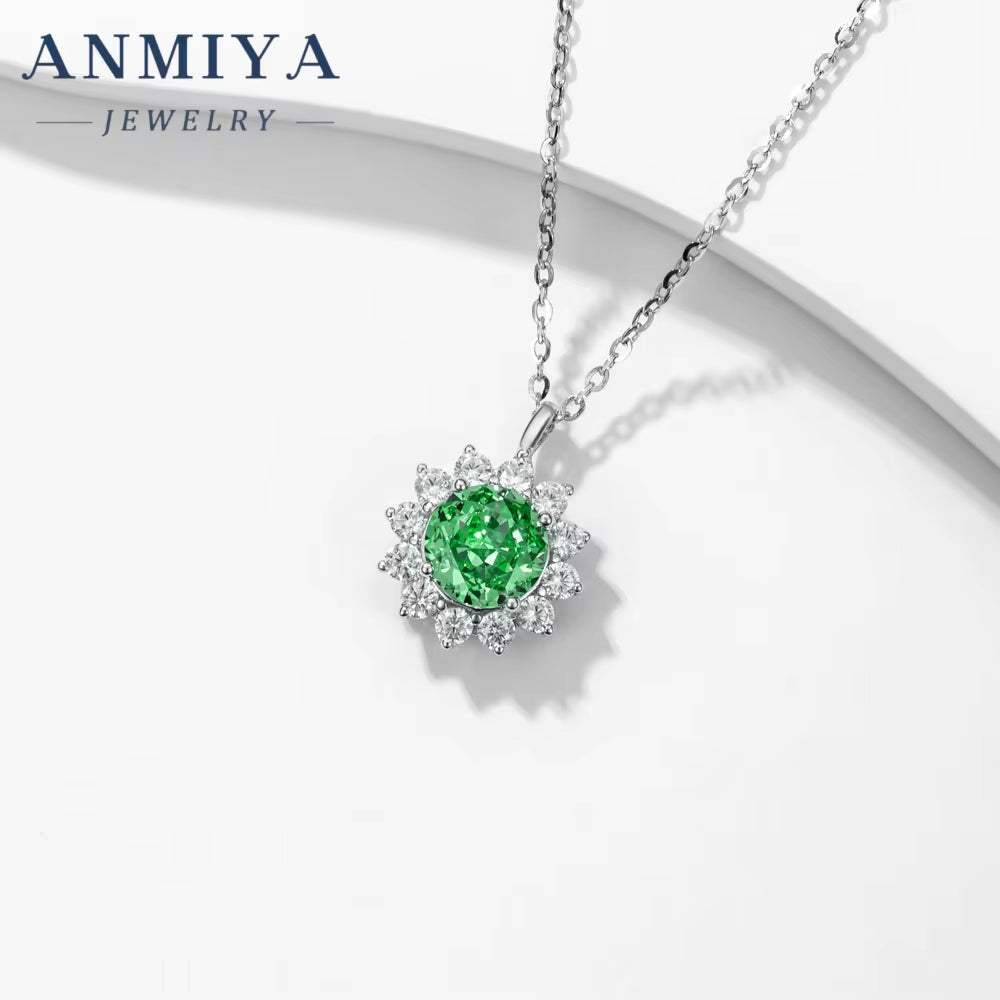 High Quality Silver 925 Fine Women Jewelry Cubic Zirconia round Brilliant Cut Sun Shape Emerald Pendant Necklace for Female
