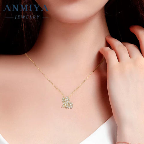 ANMIYA Necklace Golden Plating Fashion Women Jewelry 925 Sterling Silver Butterfly Necklace