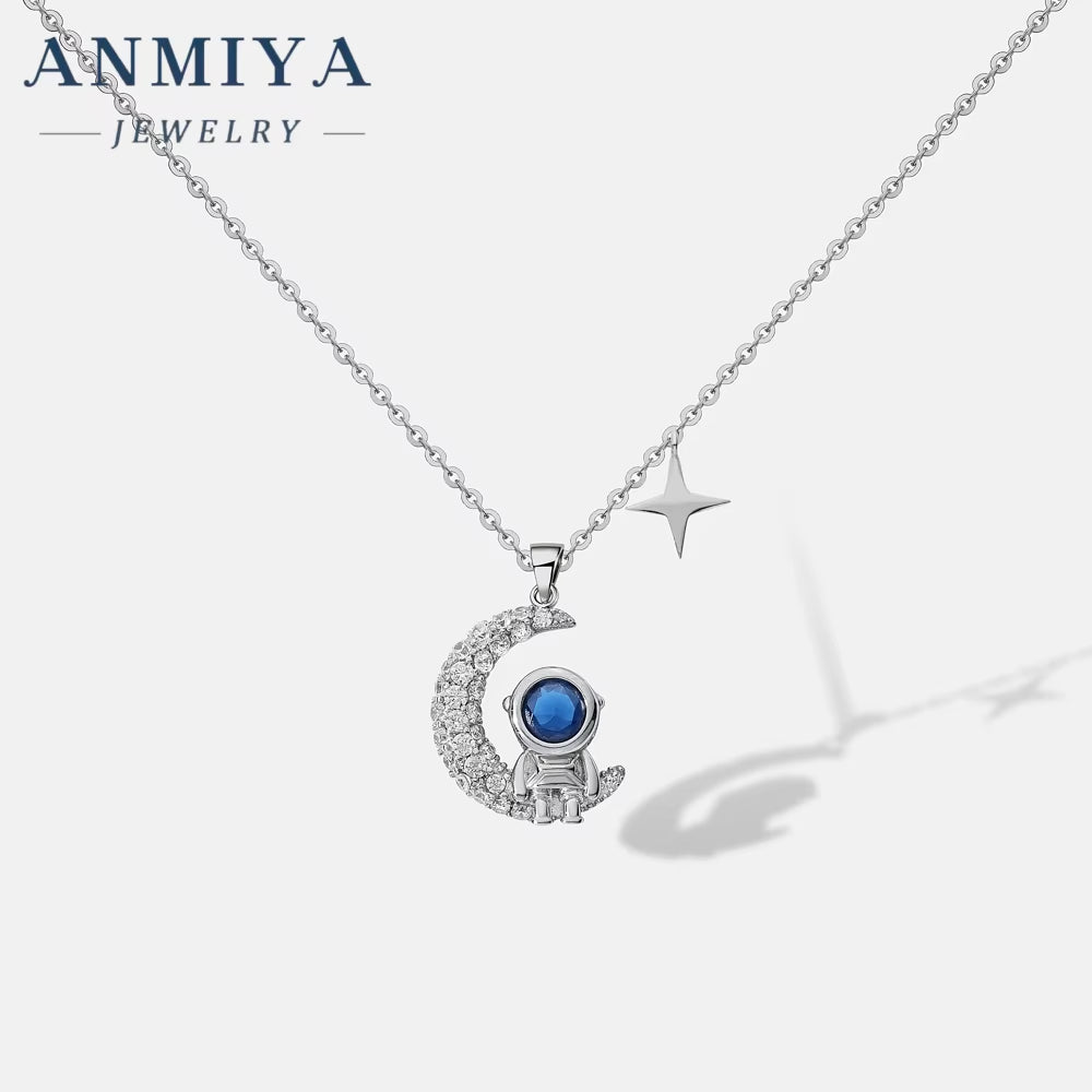 ANMIYA Cute Space Astronaut 925 Silver Moon Star Sterling Silver Necklace for Women Men