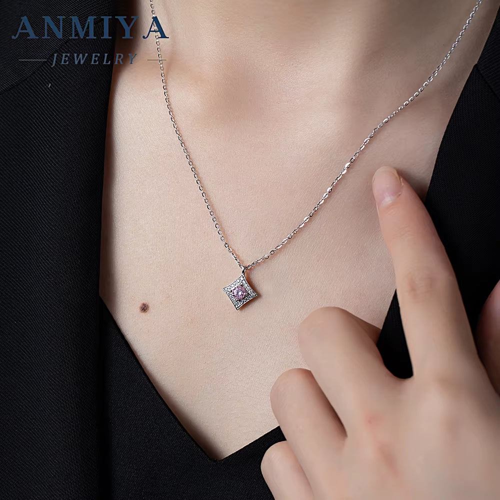 New Arrival round Brilliant Cut Ice Cubic Zirconia 925 Sterling Silver Pendant Trendy Pink Necklace for Anniversary