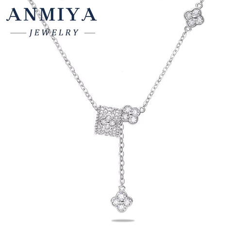 ANMIYA Light Luxury Design High Sense Four-Leaf Clover Fringe 925 Silver Necklace Sweet Girl Necklace
