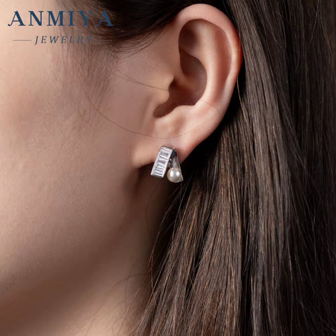 ANMIYA Unique Elegant Sterling Silver Trendy Pearl Earrings ZC Bridal Stud Earrings