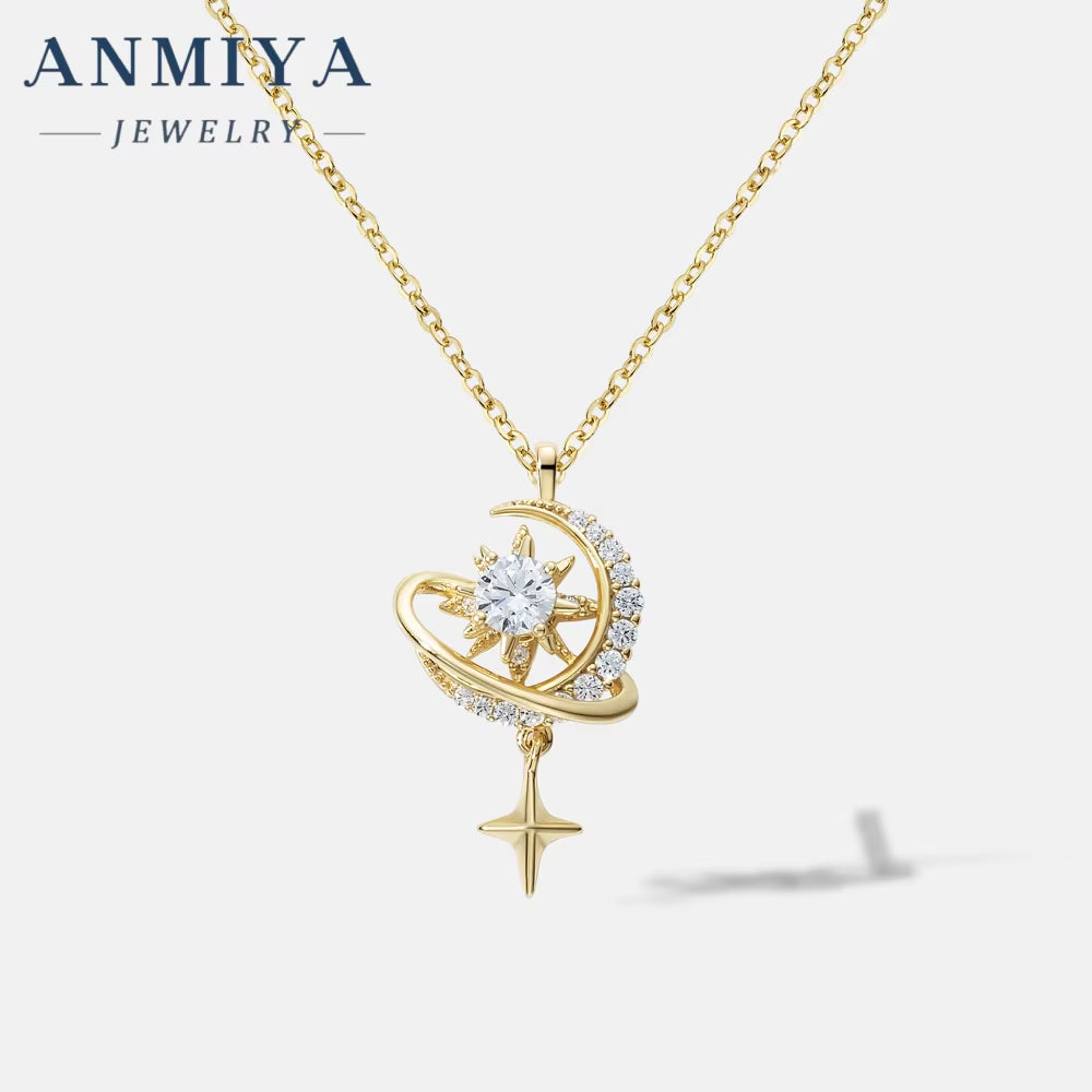 Fashion 925 Silver 18K Gold Plated Starry Sky Moon Star Zircon Pendant Necklace for Women Jewelry