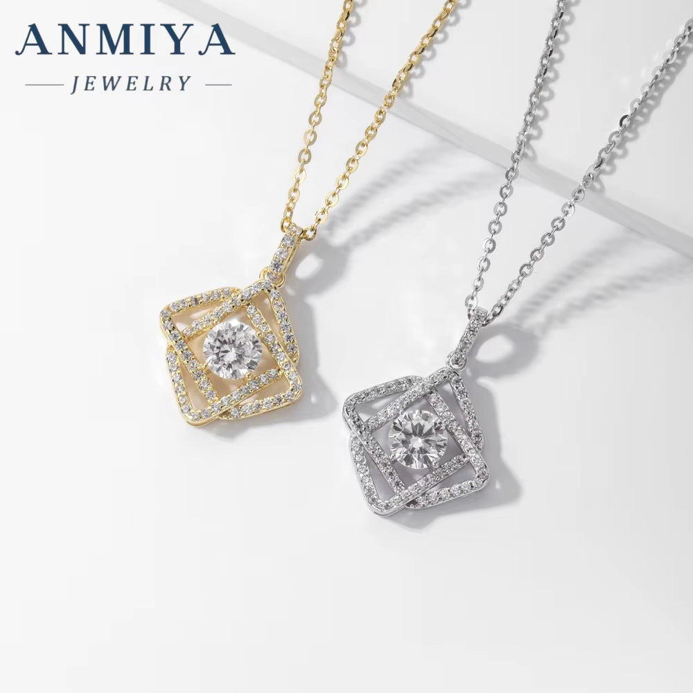 ANMIYA Wholesale 925 Silver Simple Geometric Statement Necklace Hollow Diamond Zircon Square Pendant Necklace