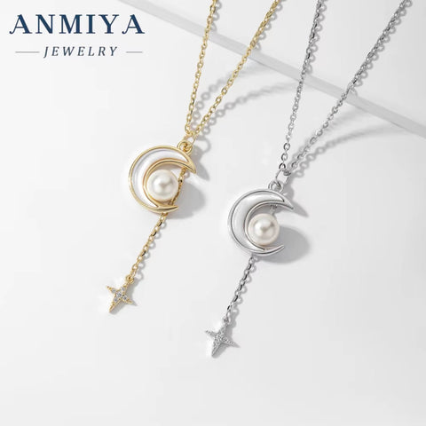 ANMIYA Adjustable Necklace Star and Moon with Freshwater Pearl Tassels 925 Silver Necklace for Women