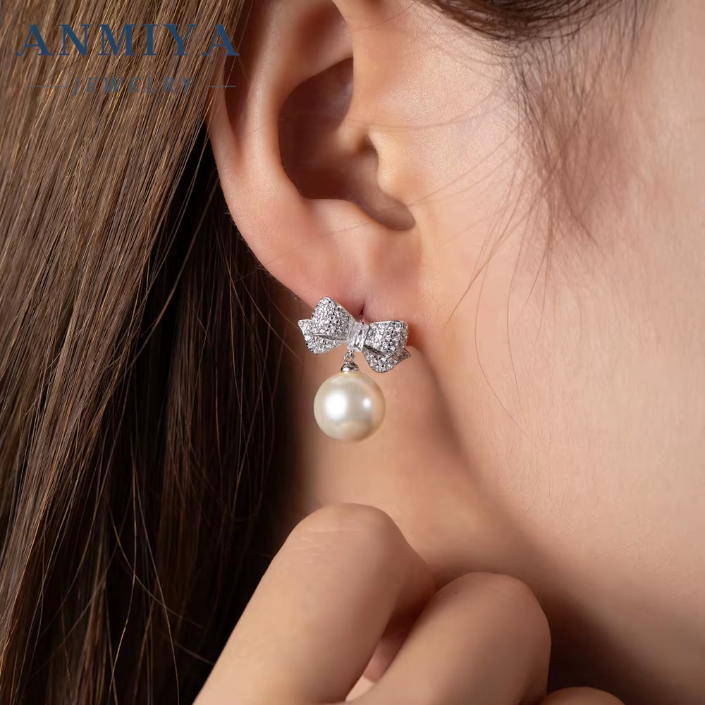 Wholesale Hypoallergenic Pearl Diamond Bow Dangle Shape Drop 925 Silver Plated Bow Earrings for Women