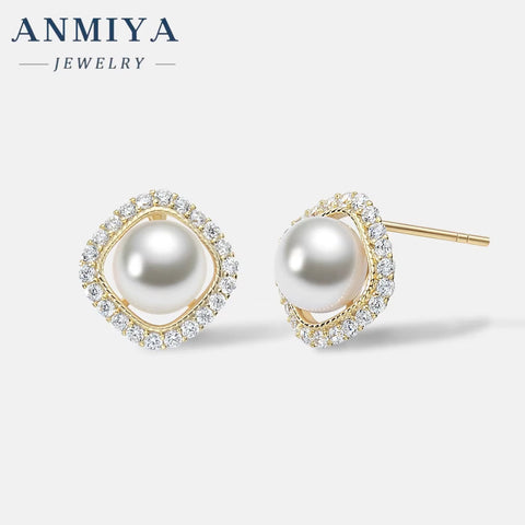 ANMIYA Square Zircon Stone round Pearl 925 Silver Custom Earrings Fresh Water Pearl Earrings Elegant Stud Earrings