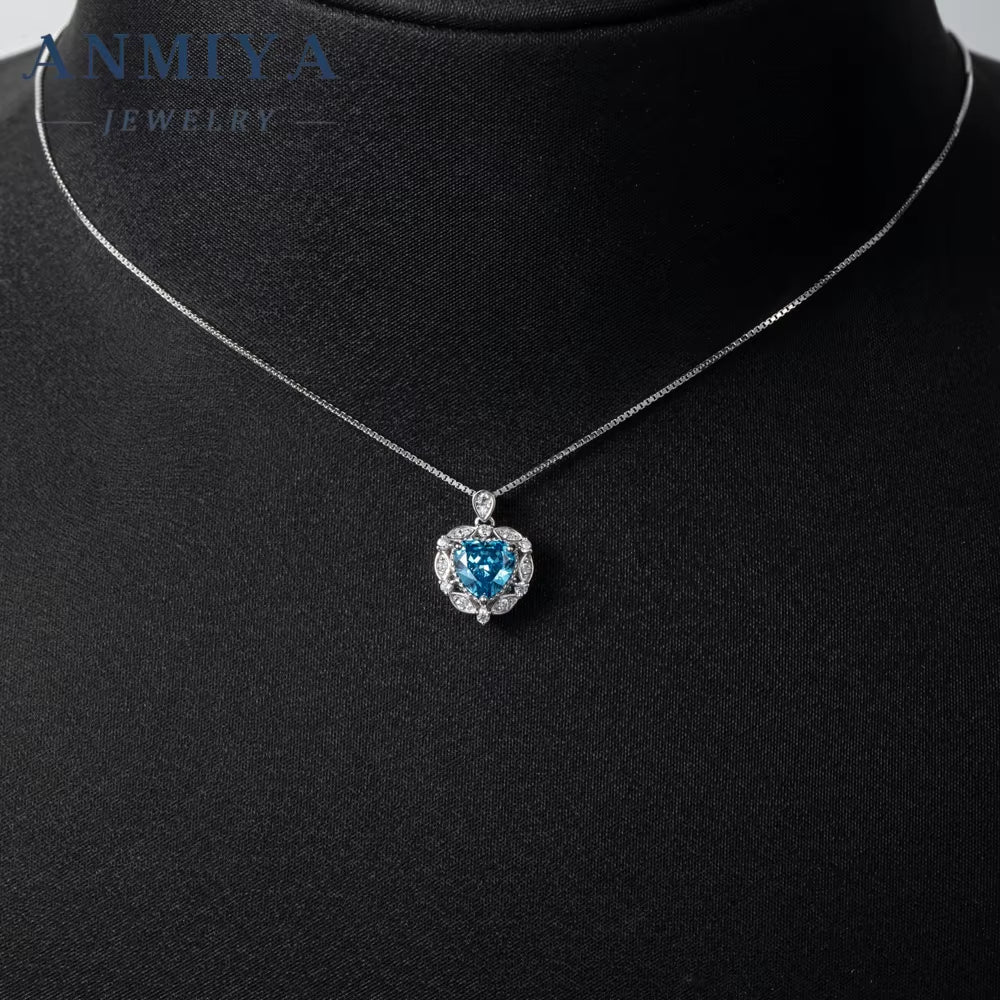 New Designs 925 Silver Ice Cut Heart CZ Necklace with Blue Green Zircon Heart-Shaped Women Jewelry Valentine'S Day Gift