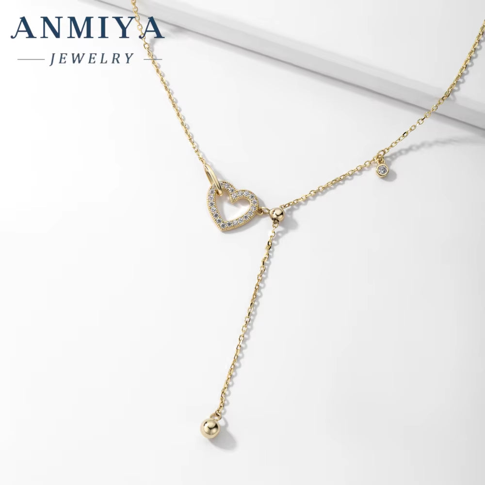 ANMIYA Fashion 18K Gold Plated 925 Sterling Silver Tassel Clavicle Chains Hollow Out Heart Pendant Necklace for Women