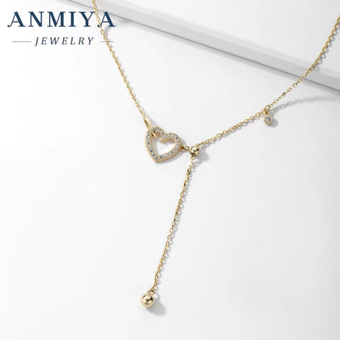 ANMIYA Fashion 18K Gold Plated 925 Sterling Silver Tassel Clavicle Chains Hollow Out Heart Pendant Necklace for Women